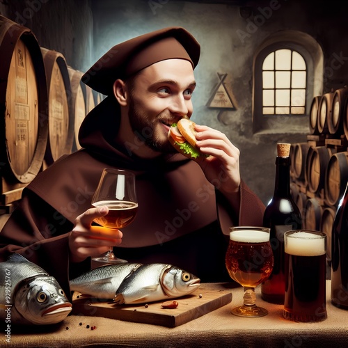  Medieval monk enjoying sandwich with fish, degustating ale, beer and cognac against vintage background, dimly lit monastic brewery cellar photo