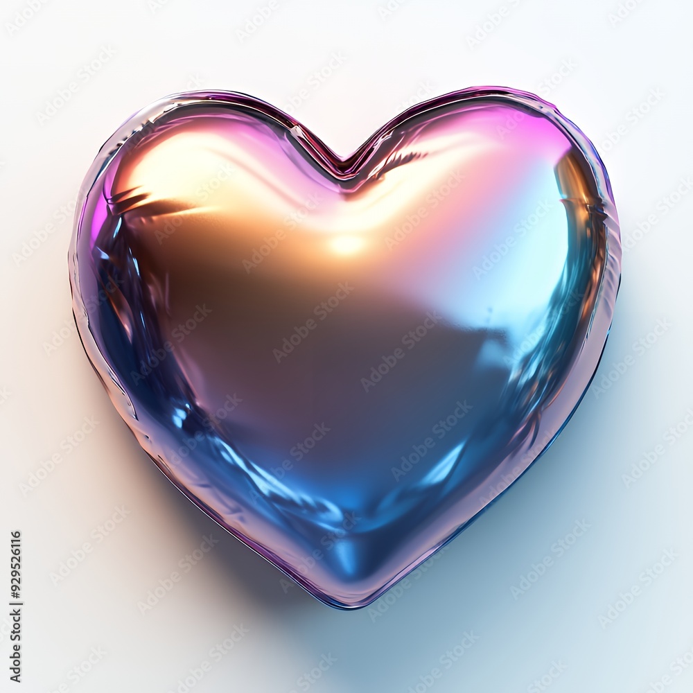 A shiny, iridescent heart-shaped object reflecting various colors. A shiny, iridescent heart-shaped object reflecting various colors.