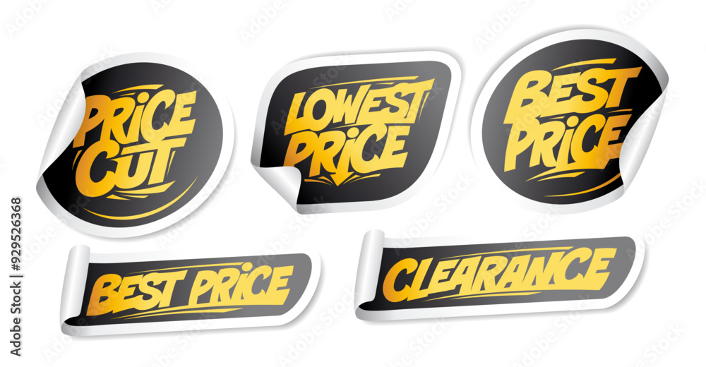 Naklejka premium Price cut, lowest price, best price, clearance stickers vector set with golden letters and black backdrop