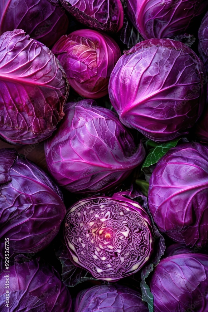 A bunch of purple cabbage sits on a table, ready for use A bunch of purple cabbage sits on a table, ready for use