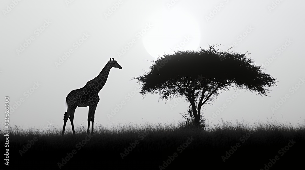 Fototapeta premium A silhouette of a giraffe beside a tree against a sunset backdrop.