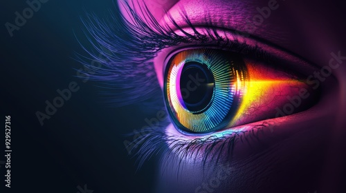 Close-Up of a Futuristic Eye with Vibrant Neon Colors and Digital Elements in a Dark Background