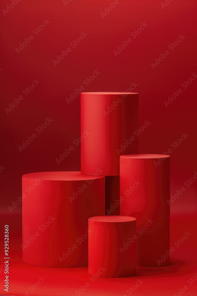 A collection of bright red cylindrical objects arranged on a matching red surface A collection of bright red cylindrical objects arranged on a matching red surface