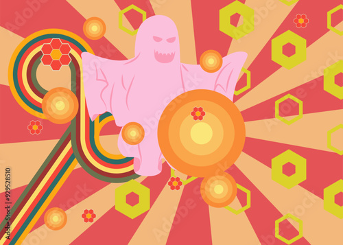 Retro 70s Background with Ghost. Groovy Halloween. 1970s art template. Minimalistic Vintage design poster. Old-fashioned color artwork.