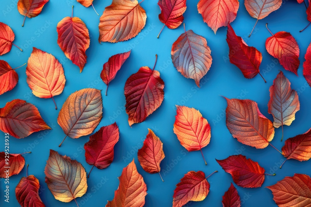A collection of autumn leaves in shades of red and orange on a blue surface, perfect for seasonal or nature-themed designs A collection of autumn leaves in shades of red and orange on a blue surface, perfect for seasonal or nature-themed designs