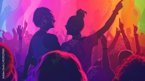 A group of people are at a concert, with two women in the foreground