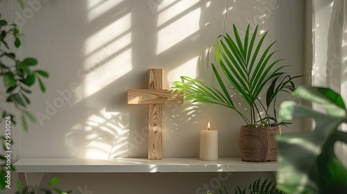 Palm Sunday Cross and Leaf on White Shelf - A wooden cross adorned with a palm leaf sits on a white shelf, symbolizing the celebration of Palm Sunday. photo