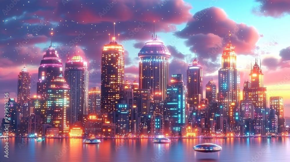 Futuristic Cityscape at Twilight with Flying Saucer Futuristic Cityscape at Twilight with Flying Saucer