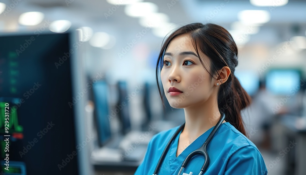 an asian nurse watching at screen with blurred background an asian nurse watching at screen with blurred background