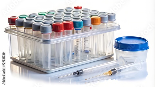 A clear plastic medical container with lid, filled with sterile syringes, vials, and test tubes, on a white background, ready for laboratory use. photo