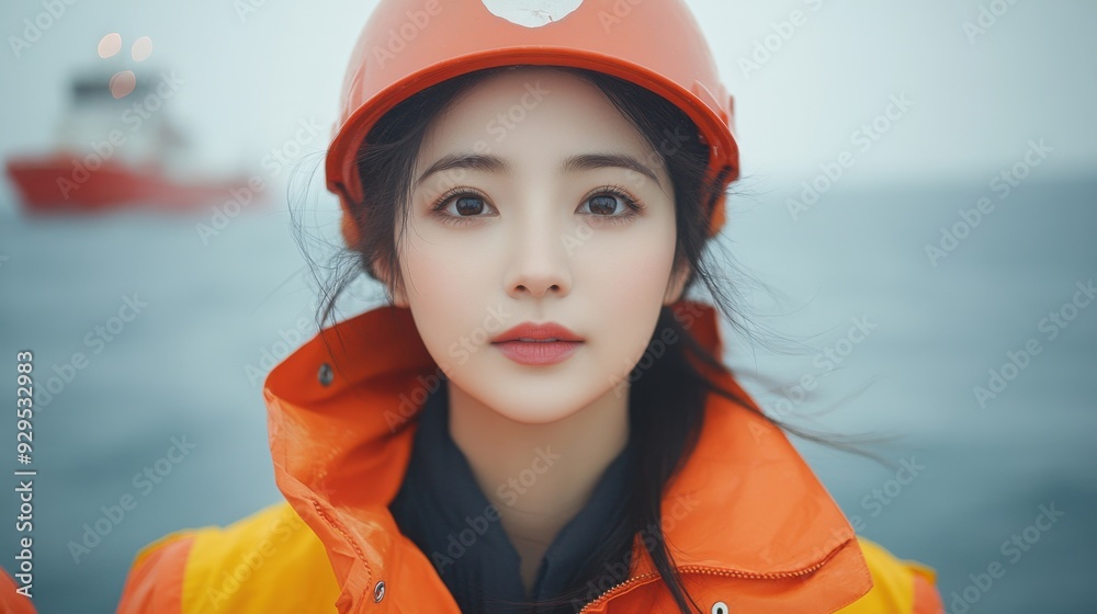 Tired and Messy Asian Female Safety Officer at Port Tired and Messy Asian Female Safety Officer at Port