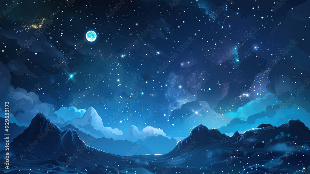 Illustration of night view with moon and stars