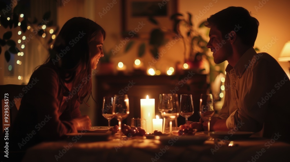 A man and woman are sitting at a table with candles and wine glasses A man and woman are sitting at a table with candles and wine glasses