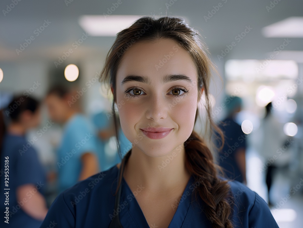 Fototapeta premium A smiling healthcare professional in scrubs, showcasing a warm and approachable demeanor.