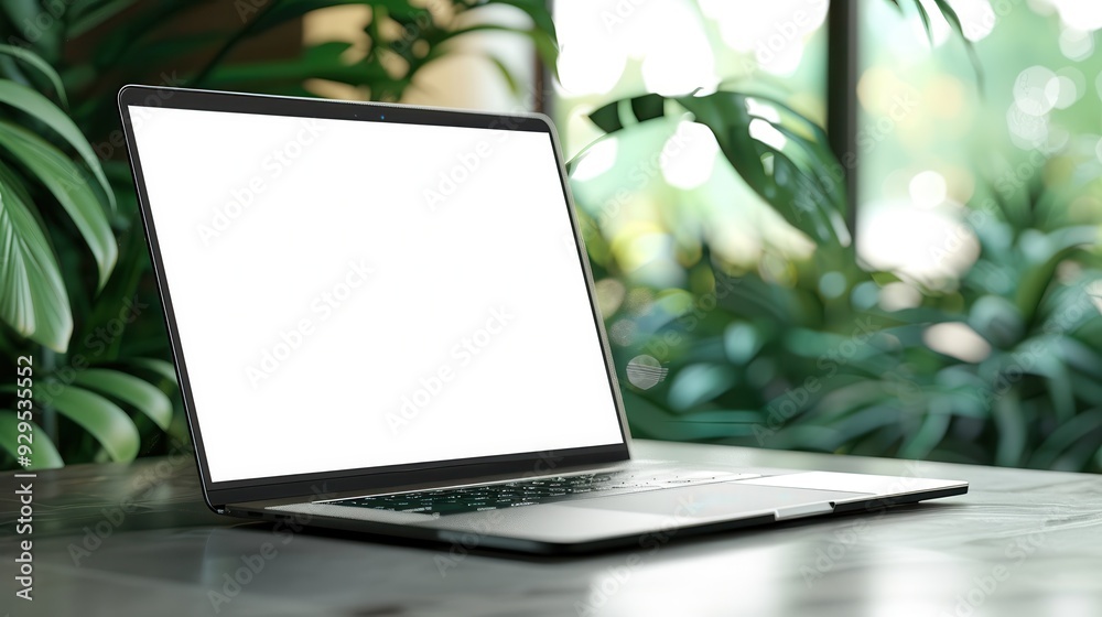 Fototapeta premium Laptop with Blank Screen on Table with Green Plants. Laptop Mockup with Greenery Background