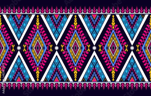 Geometric pixel ethnic seamless pattern home decoration design. Aztec fabric carpet boho mandalas textile decor wallpaper. Tribal native motif decorative folk traditional embroidery vector background photo