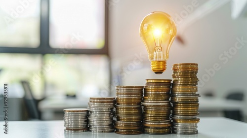 Light bulb idea over stack of coins, concept for financial growth.