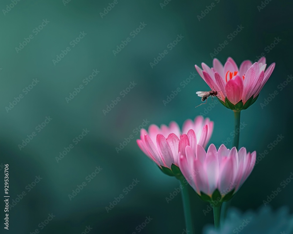 Obraz premium Beautiful Pink Lotus Flower with a Busy Bee on Green Background Symbol of Beauty and Nature