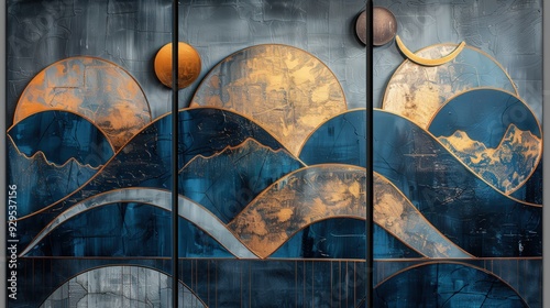 Generate a high-resolution abstract wall art triptych with geometric shapes in blue and gold. Focus on bold, modern designs that create a cohesive visual impact across the three panels photo