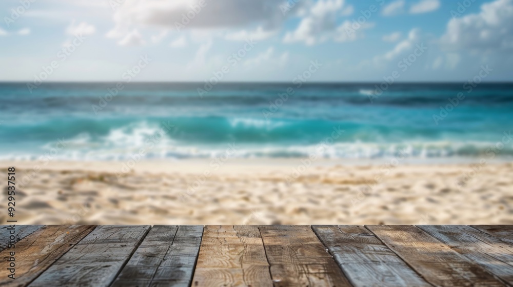 Wooden table in focus with a blurry beach background Wooden table in focus with a blurry beach background
