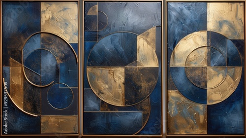 Create a set of three abstract painting panels with geometric designs in blue and gold. Each panel should present a different geometric shape while maintaining a coherent overall style photo