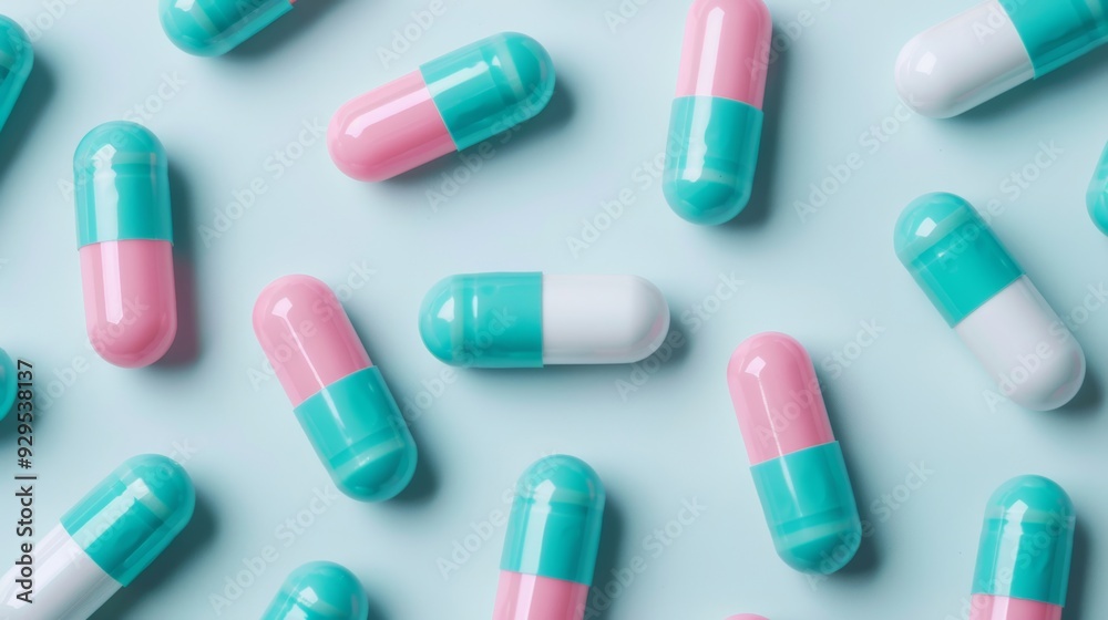 Green and pink medical capsules resting on a blue surface Green and pink medical capsules resting on a blue surface