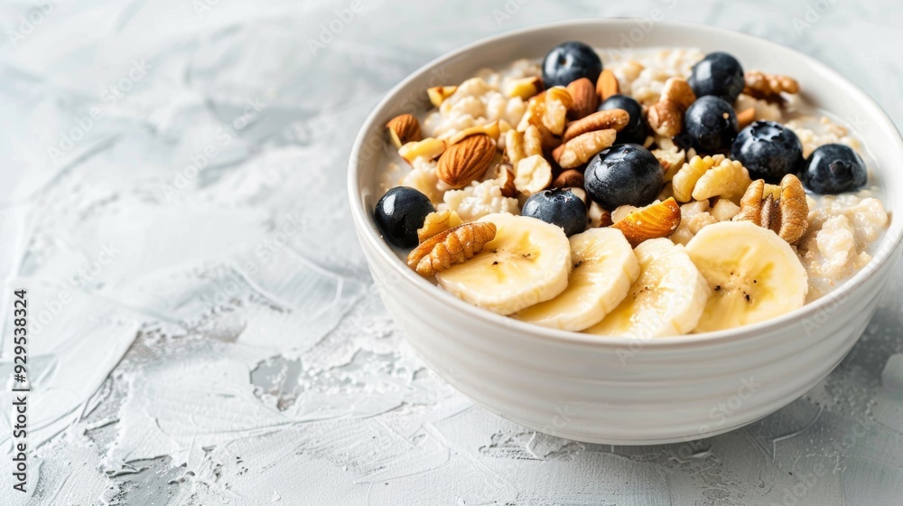 A bowl filled with oatmeal topped with slices of bananas, fresh blueberries, and crunchy nuts A bowl filled with oatmeal topped with slices of bananas, fresh blueberries, and crunchy nuts