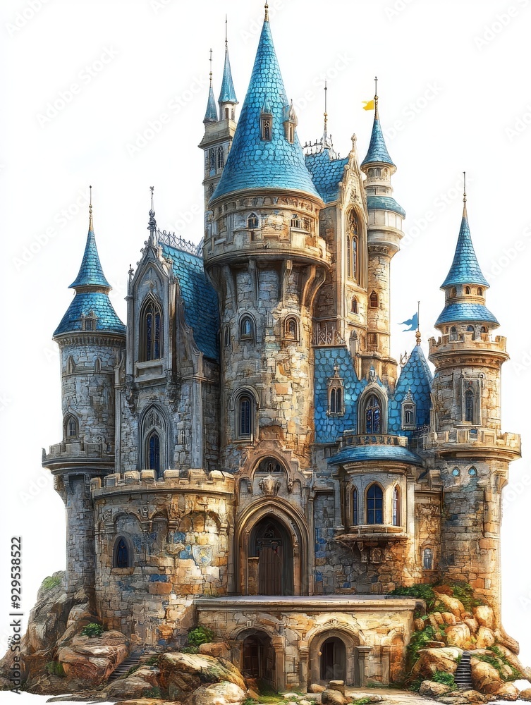 A Majestic Stone Castle with Blue Roofs A Majestic Stone Castle with Blue Roofs