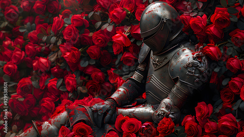 The knight sits in red roses