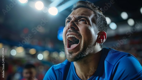 A man with open mouth, amid excited crowd in stadium