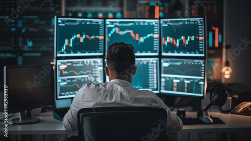 A man is seated at a desk, analyzing data on multiple monitors in a stock trading setting