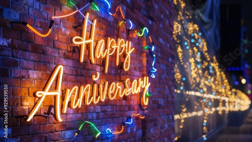 Vibrant Neon Happy Anniversary Sign Illuminating Brick Wall