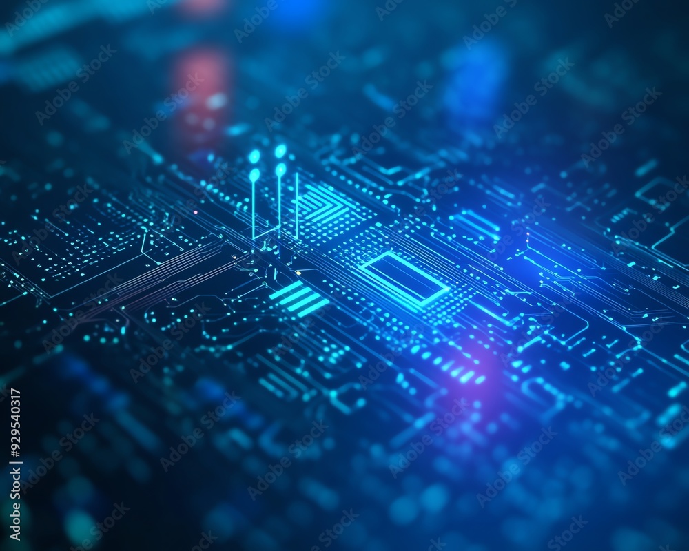 Close-up of a futuristic circuit board with glowing elements, representing technology and innovation in digital electronics. Close-up of a futuristic circuit board with glowing elements, representing technology and innovation in digital electronics.