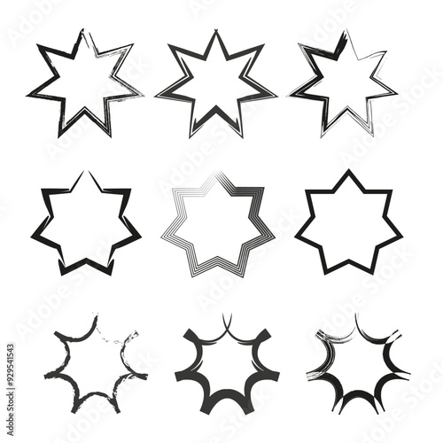 Grunge star icons. Distressed starburst shapes. Abstract eight-pointed outlines. Black and white vector set.