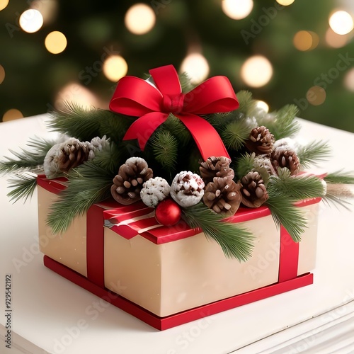 Small Christmas Present Box with Pine Cones photo