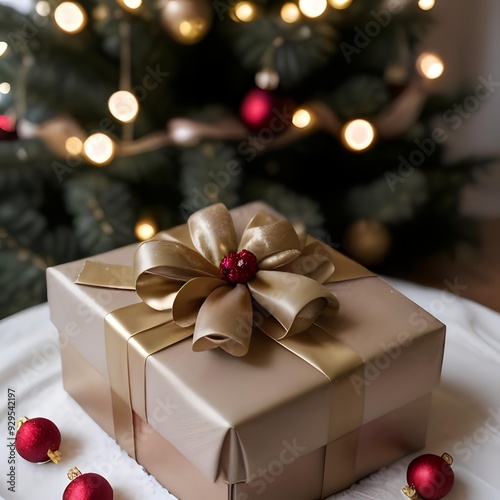 Christmas Present on a Table with a Tree in the Background photo