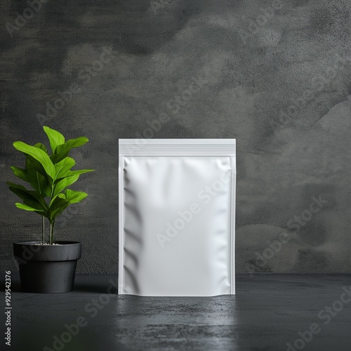 A blank packaging bag displayed next to a small potted plant on a textured surface, ideal for branding and marketing purposes.