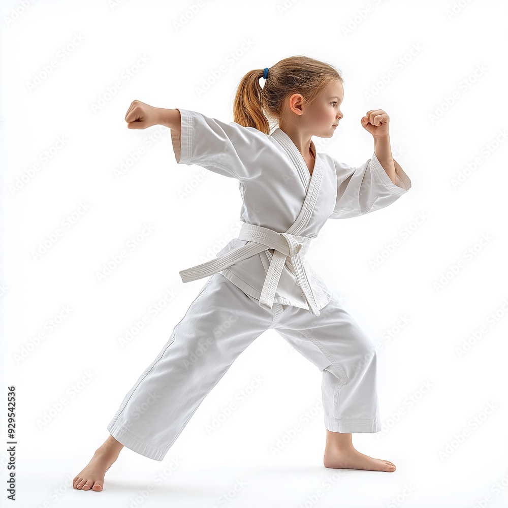 Young girl practicing karate, showcasing strength and precision in a white karate gi, embodying confidence and discipline. Young girl practicing karate, showcasing strength and precision in a white karate gi, embodying confidence and discipline.