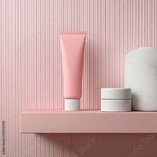Stylish cosmetic products arranged on a minimalistic pink shelf, perfect for beauty branding and skincare presentations.