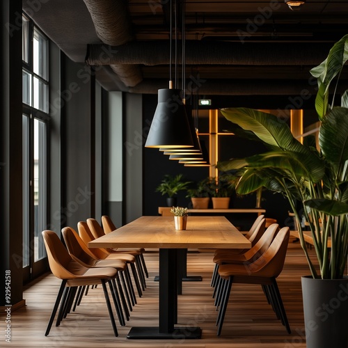 Stylish modern dining area with elegant wooden table and inviting seating, illuminated by sleek pendant lights and greenery.