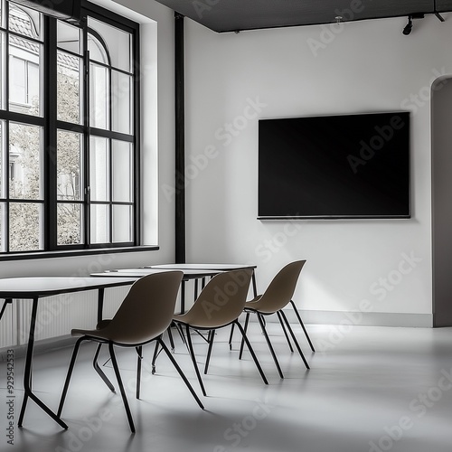 Modern conference room with elegant furniture, natural light, and a large screen, perfect for meetings and presentations.