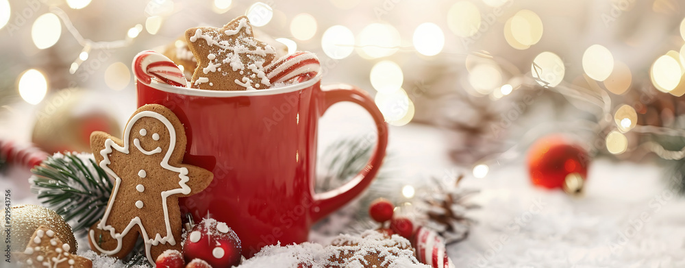Gingerbread man near a red mug, surrounded by festive decorations on a blurred bokeh light background. Christmas holiday concept Gingerbread man near a red mug, surrounded by festive decorations on a blurred bokeh light background. Christmas holiday concept
