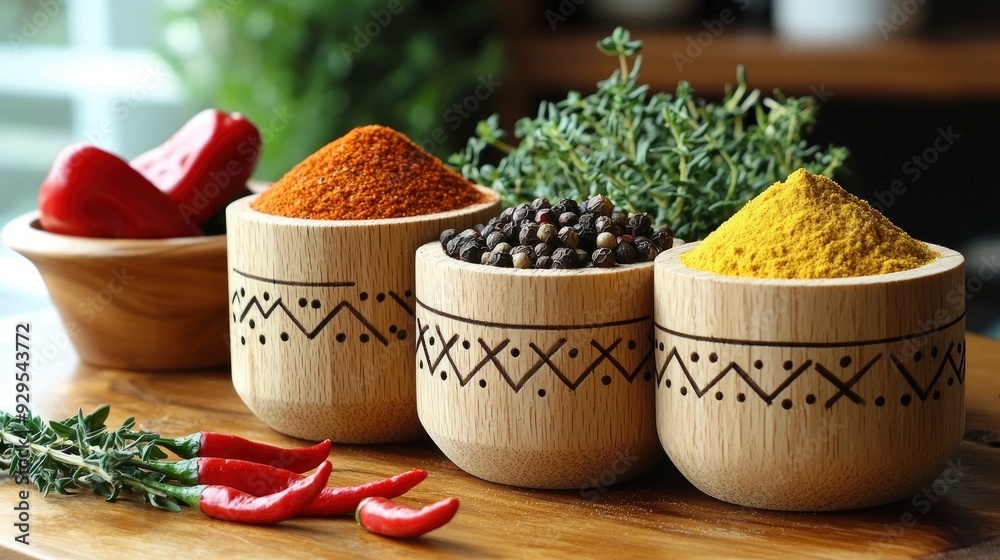 Aromatic Spices and Herbs in Wooden Bowls Aromatic Spices and Herbs in Wooden Bowls