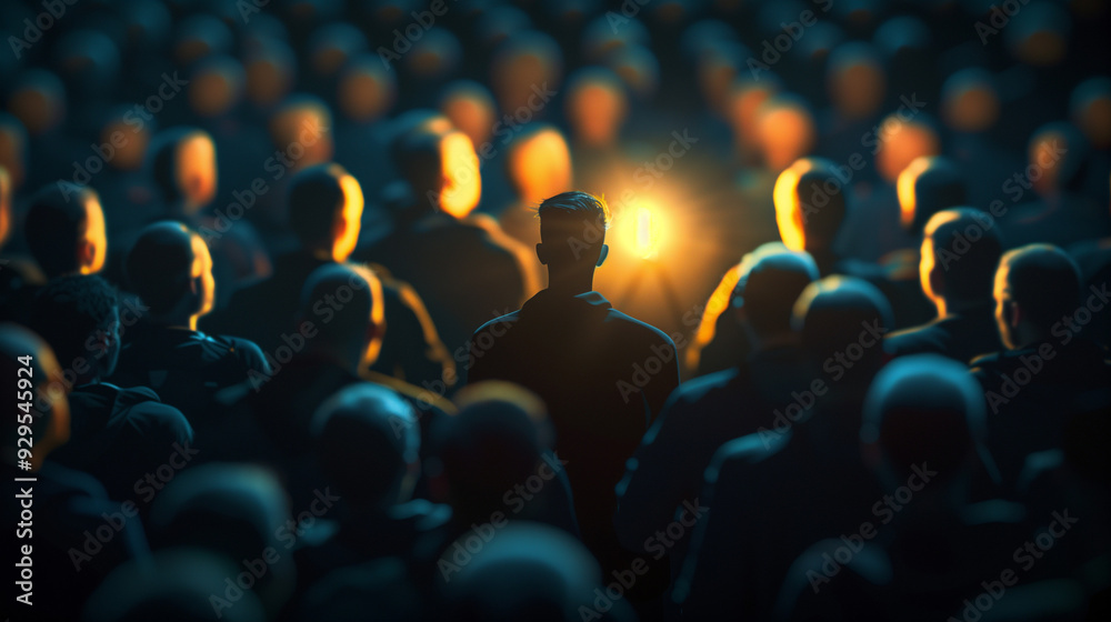 Obraz premium : Standout Glowing Man in Dark Background Concept 3D Render Depicting Leadership and Unique Individual