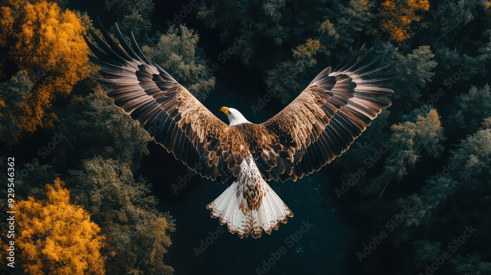 Naklejka premium above view of flying bird, Eagle, over forest background