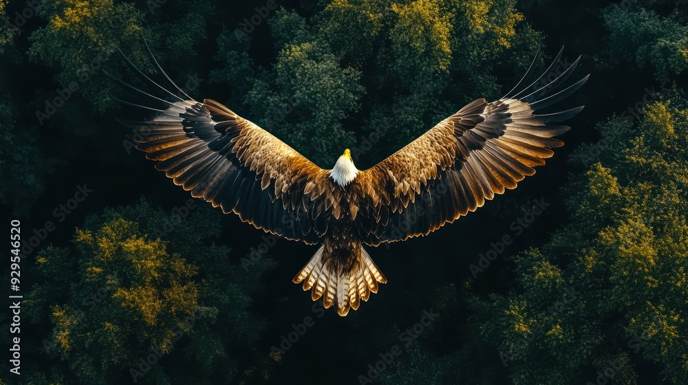 Obraz premium above view of flying bird, Eagle, over forest background
