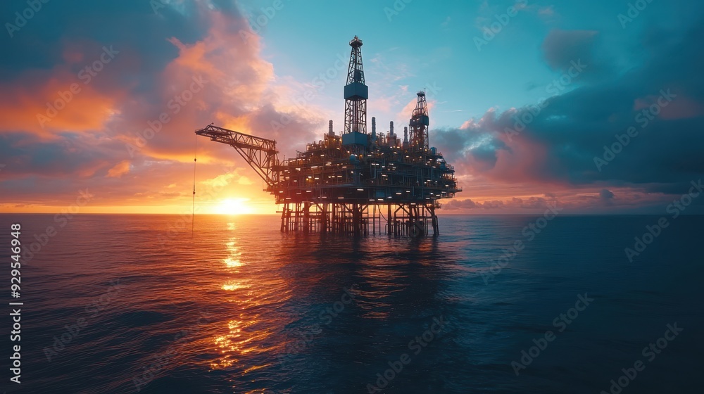oil extracting platform in the middle of the ocean during sunset oil extracting platform in the middle of the ocean during sunset