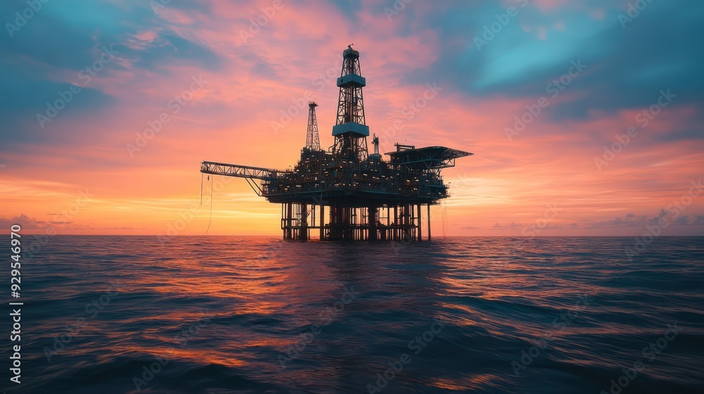 oil extracting platform in the middle of the ocean during sunset oil extracting platform in the middle of the ocean during sunset