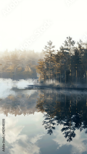 Serene Lake Reflection in Early Morning Mist