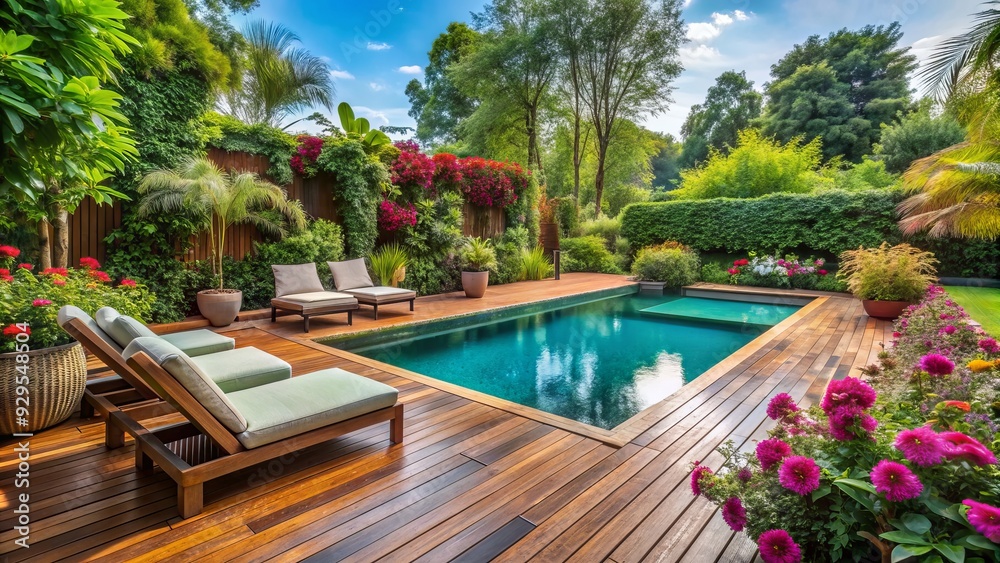 Serene swimming pool surrounded by lush greenery and vibrant flowers, adjacent to wooden floor patio with comfortable outdoor furniture, inviting relaxation. Serene swimming pool surrounded by lush greenery and vibrant flowers, adjacent to wooden floor patio with comfortable outdoor furniture, inviting relaxation.